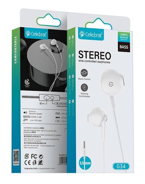 CELEBRT- G34 Stereo Wired Earphones In-Ear Wired Earphones with Mic (Microphone) Pure Sound with Microphone Ergonomic Design Practical for Mobile Phones White