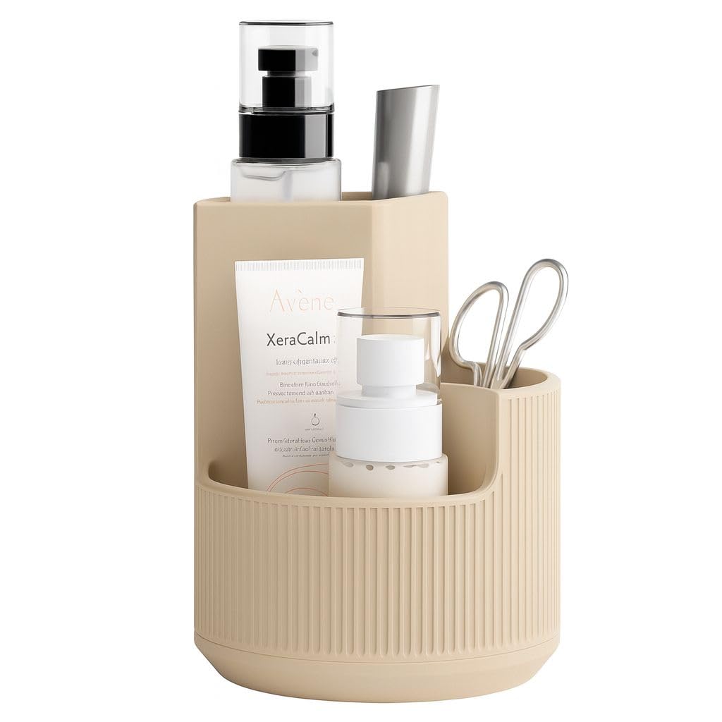 Multi-Purpose Bathroom & Makeup Organizer, Countertop Toothbrush and Cosmetic Holder, Black, High-Quality Plastic (beige)