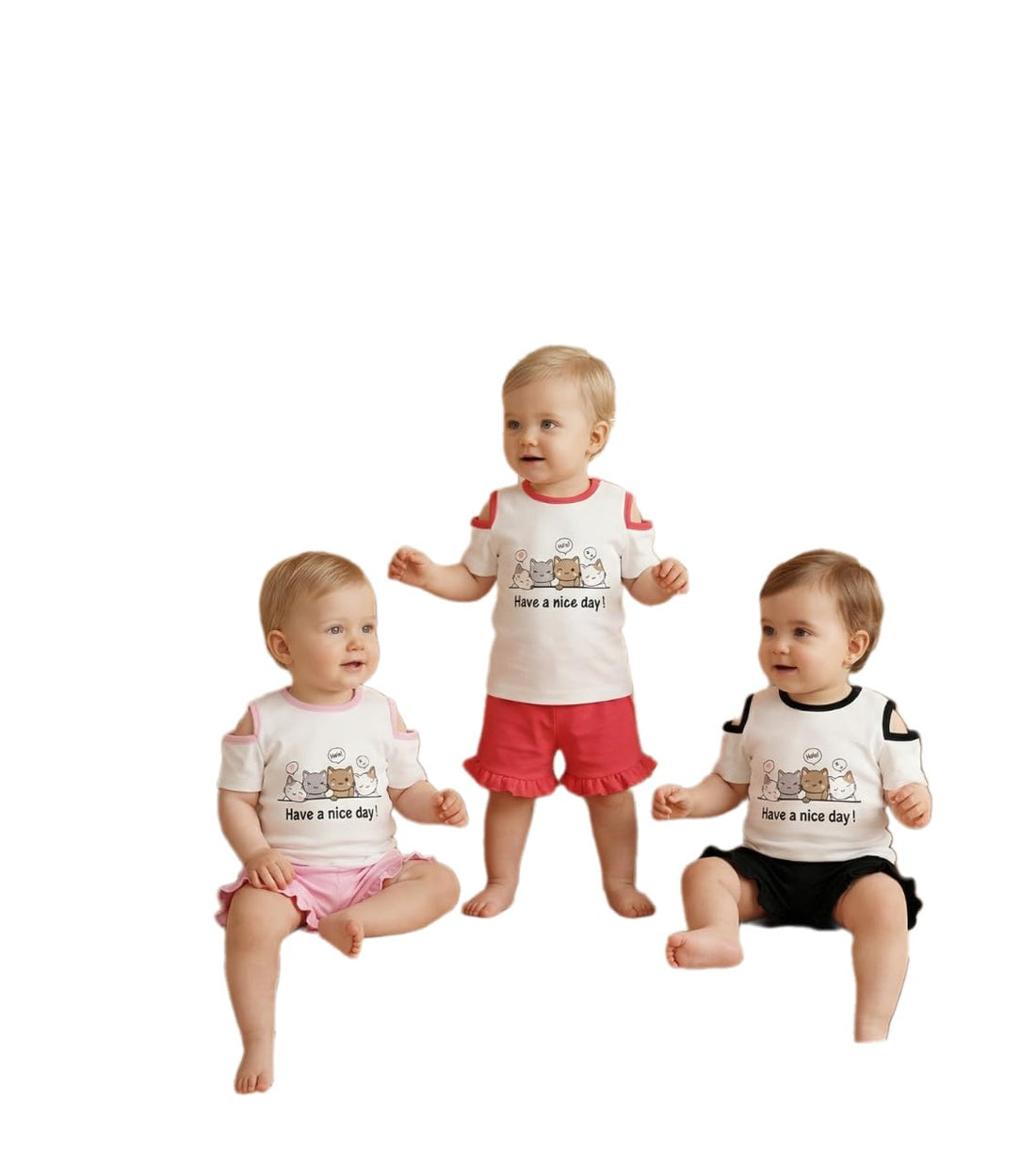 Baby Girls 2-Piece Set, White Top with Cute Cat Print, Ruffle Shorts, Have a Nice Day Theme
