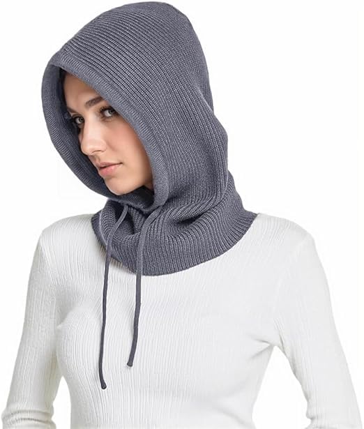 Winter Hats Hooded Scarf Hat for Women Warm Unisex Balaclava Pullover Knitted Beanie with Drawstring Outdoor Sports Mask