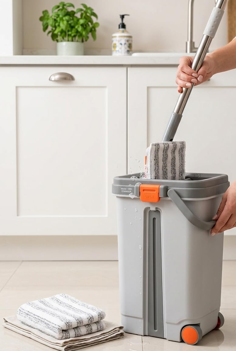 Mop Bucket with Two Compartments for Rinsing and Wringing, 38cm, Includes Mop Refill, Easy Drain System, Efficient Floor Cleaning Solution for Home and Office.