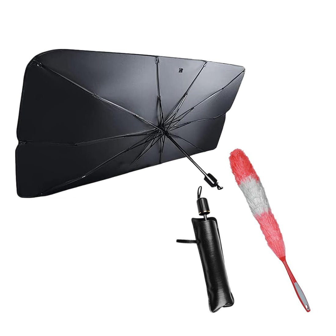 Duster Brush & Car Windshield Sun Shade - Car Duster Brush with Bendable Head & Umbrella 120 x 60cm for UV Rays Protection, Reusable Soft Dust Remover