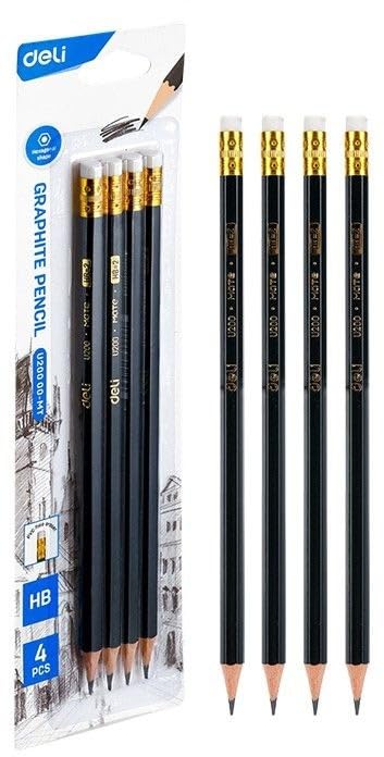 Deli EU20000-MT Hexagonal Barrel Graphite HB Pencil 4-Pieces, 2.2 mm Diameter, Black