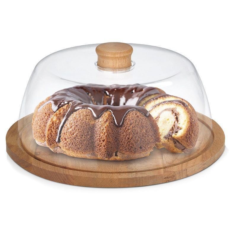 Serving and covering desserts stand with sturdy wooden base and diameter 29 cm with transparent acrylic cover hw