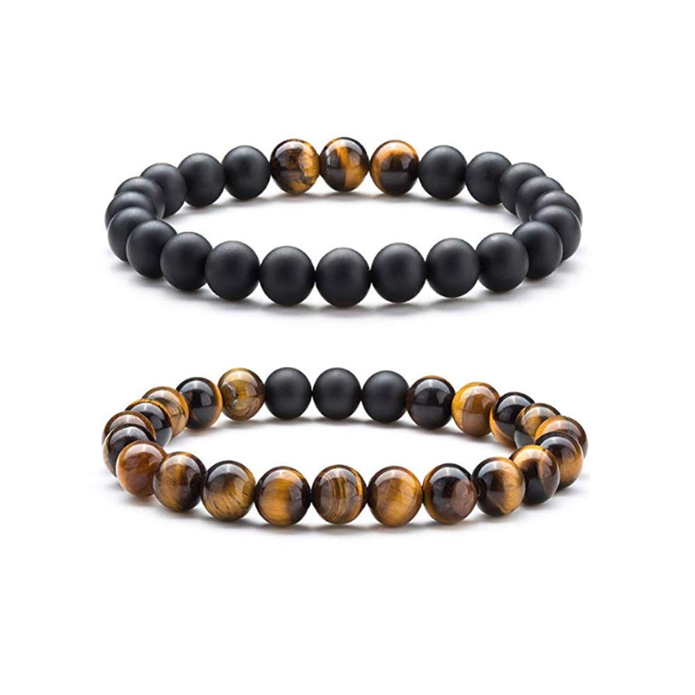 2pcs Men Women 8mm Tiger Eye Stone Matte Bright Agate Bracelet Volcano Lava Beads Bracelet Elastic Natural Stone Yoga Bracelet Bangle, One Size, Tiger Eye Stone, Created Diamond