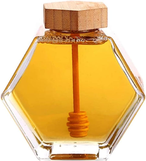 FOO Glass Honey Jar Dispenser with Wooden Spoon and Lid Jam Jars Honey Storage 380ml