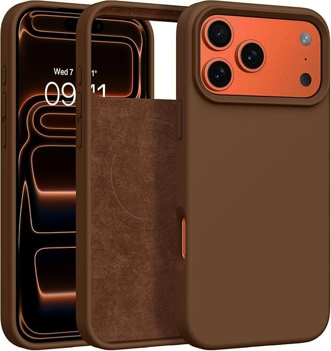 Fekra Compatible with iPhone 17 Pro Max Case 6.9", Slim Liquid Silicone 3 Layers Soft Gel Rubber Shockproof Protective Cover with Anti-Scratch Microfiber Lining (Choclate, iPhone 17 Pro)