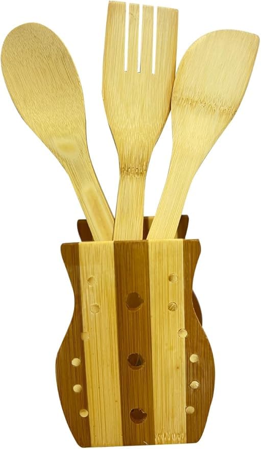 volura 3Pcs Organic Bamboo Kitchen Tools, Spatula, Turner, Serving Spoon And Holder Nonstick Kitchen Utensil Set Non-Scratch Cookware Tools, Multi
