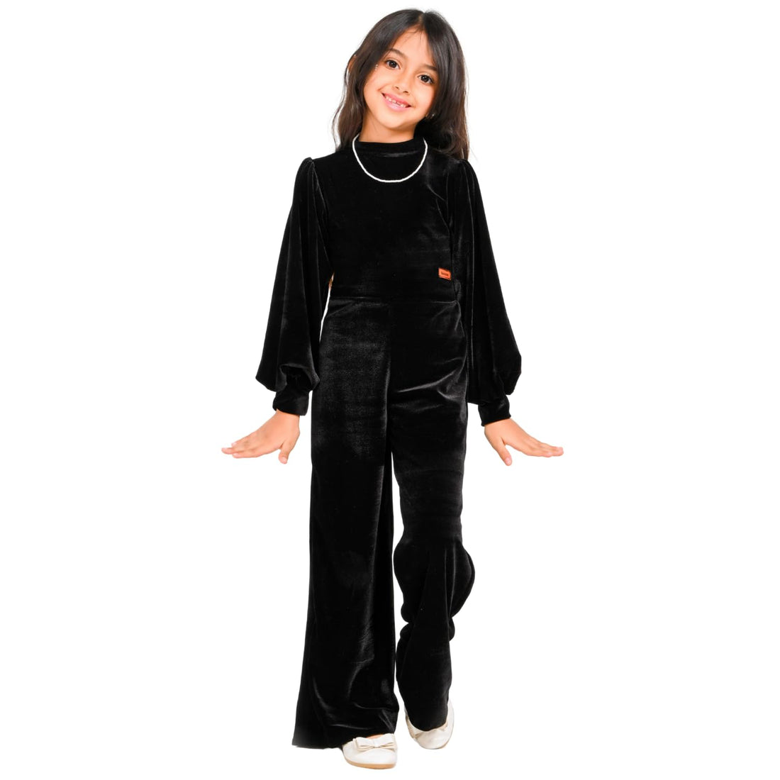 Girls Velvet Jumpsuit, Long Sleeve Wide Leg