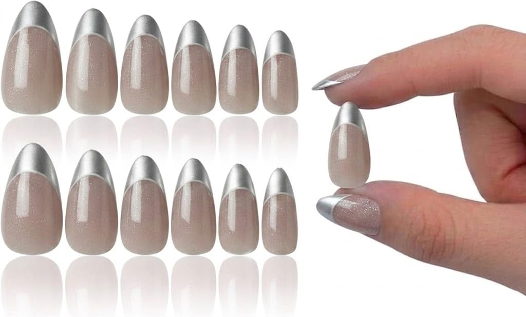 12pcs Gel Press On Nails Coffin OVAL Shiny False Nails Full Cover Artificial Fake Nail Art Tips- Comes With 1 SHEET DOUBLE FACE -SILVER FRENCH MIX COLOR (N4)