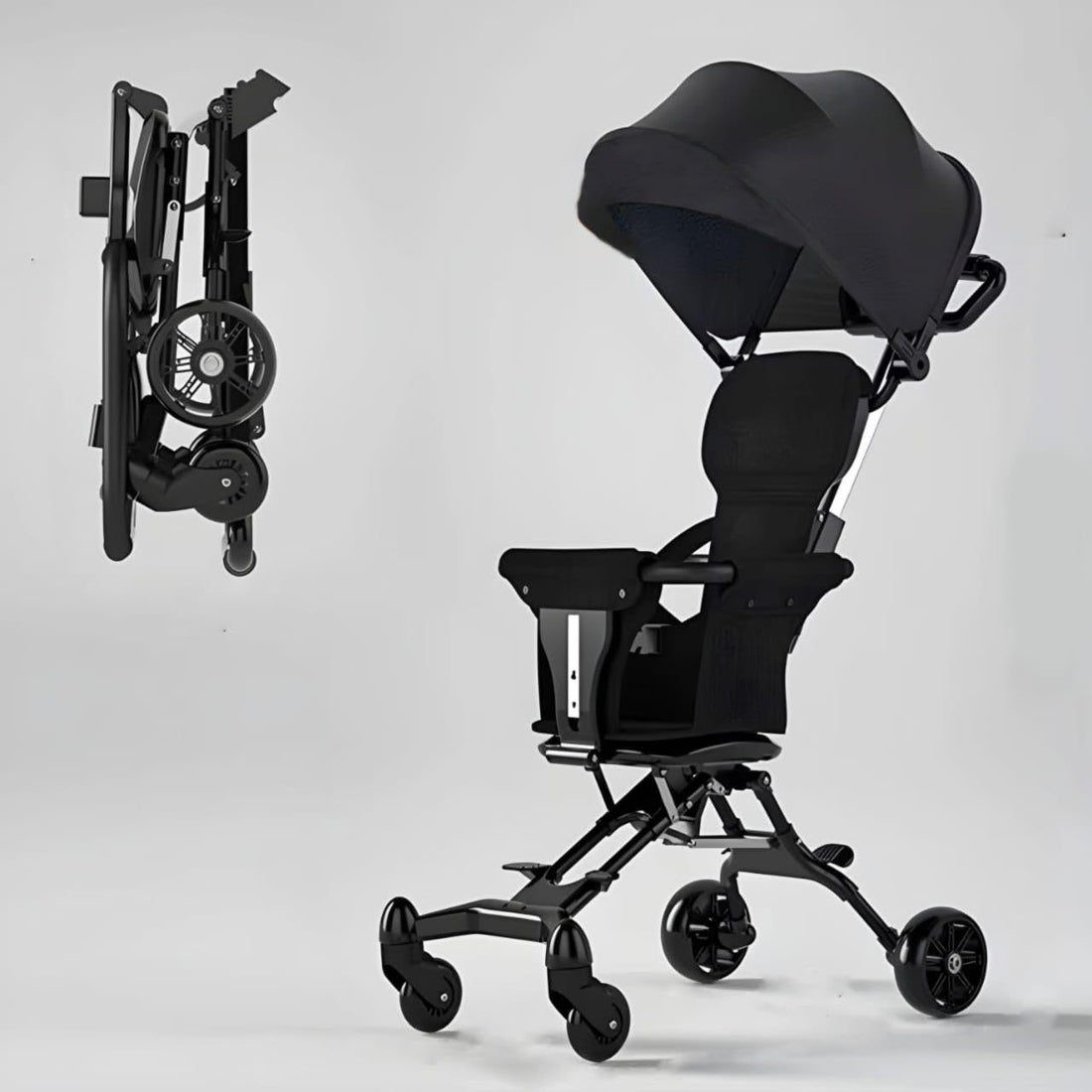 Foldable Baby Stroller Four Wheels Lightweight Easy Folding High Quality Baby Stroller for Kids Can Be Transported Inside Airplane (Black)