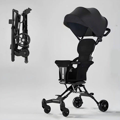 Foldable Baby Stroller Four Wheels Lightweight Easy Folding High Quality Baby Stroller for Kids Can Be Transported Inside Airplane (Black)