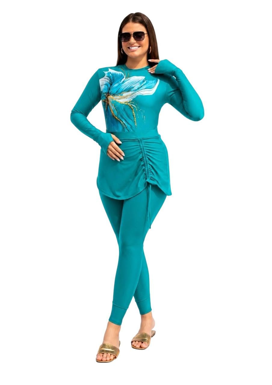 Women's Modest Swimsuit 3 Piece Floral Print Long Sleeve Top with Leggings, Adjustable Side Skirt, Quick Dry Stretch Fabric, Suitable for Beach and Pool
