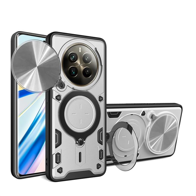 Realme 12 Pro Plus 5G Premium Protection Back Case with Camera Slide Cover Built-in Ring Stand Shockproof Case For Realme 12 Pro Plus (Silver)