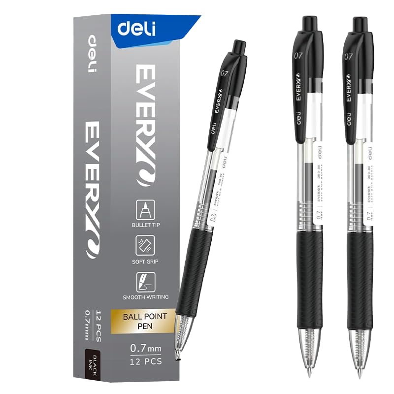 Deli EQ60-BK Ball Point Pen 12-Piece Set, 0.7 mm Bullet Tip, Black