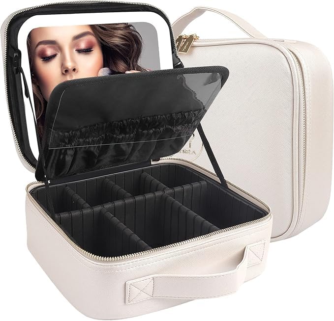 Makeup Case with Illuminated LED Mirror, 3 Lighting Modes and Adjustable Brightness, Customizable Sponge Dividers, Separate Brush Organizer, Large Capacity, White