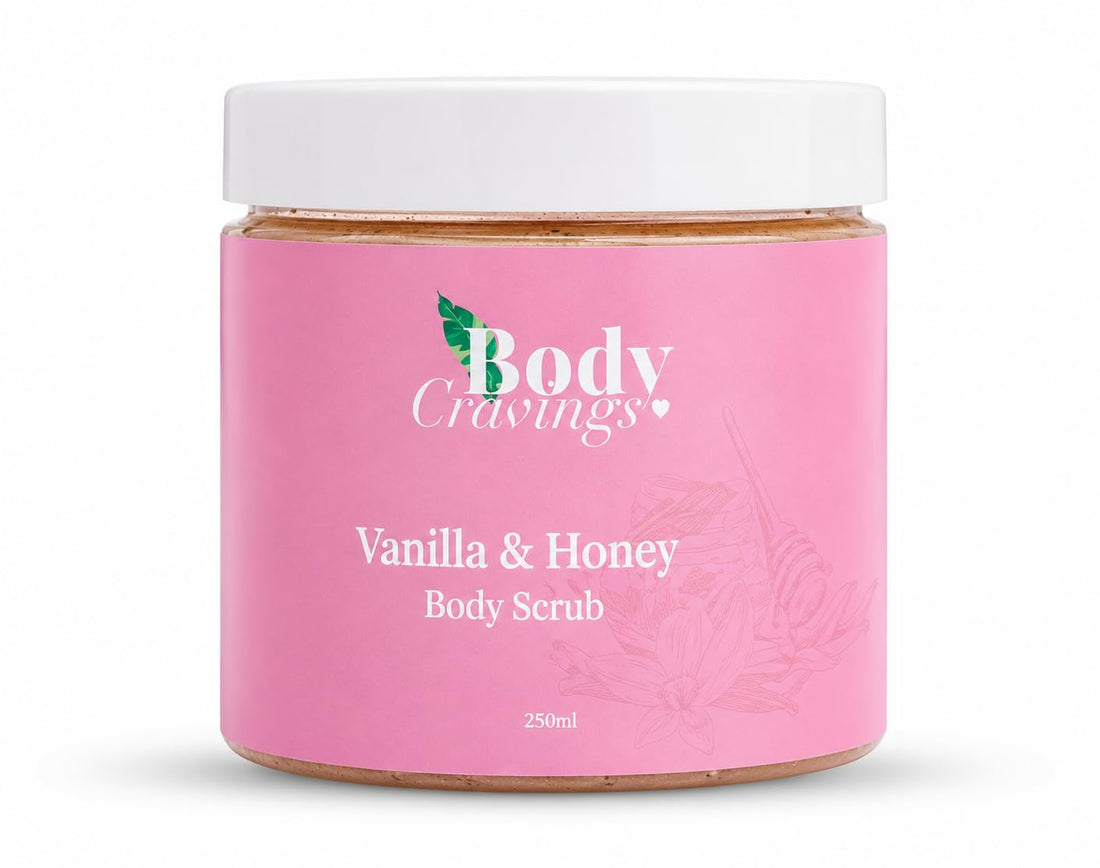 Body Cravings Vanilla Honey Body Scrub | 250ml | Raw Sugar Exfoliating Body Scrub | Nourishes & Softens Skin | Rich Vanilla & Honey Scent