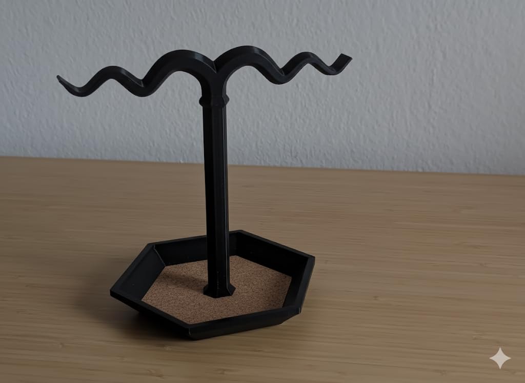 Modern Hexagonal Base Jewellery Stand with Wavy Display Arms (Black)