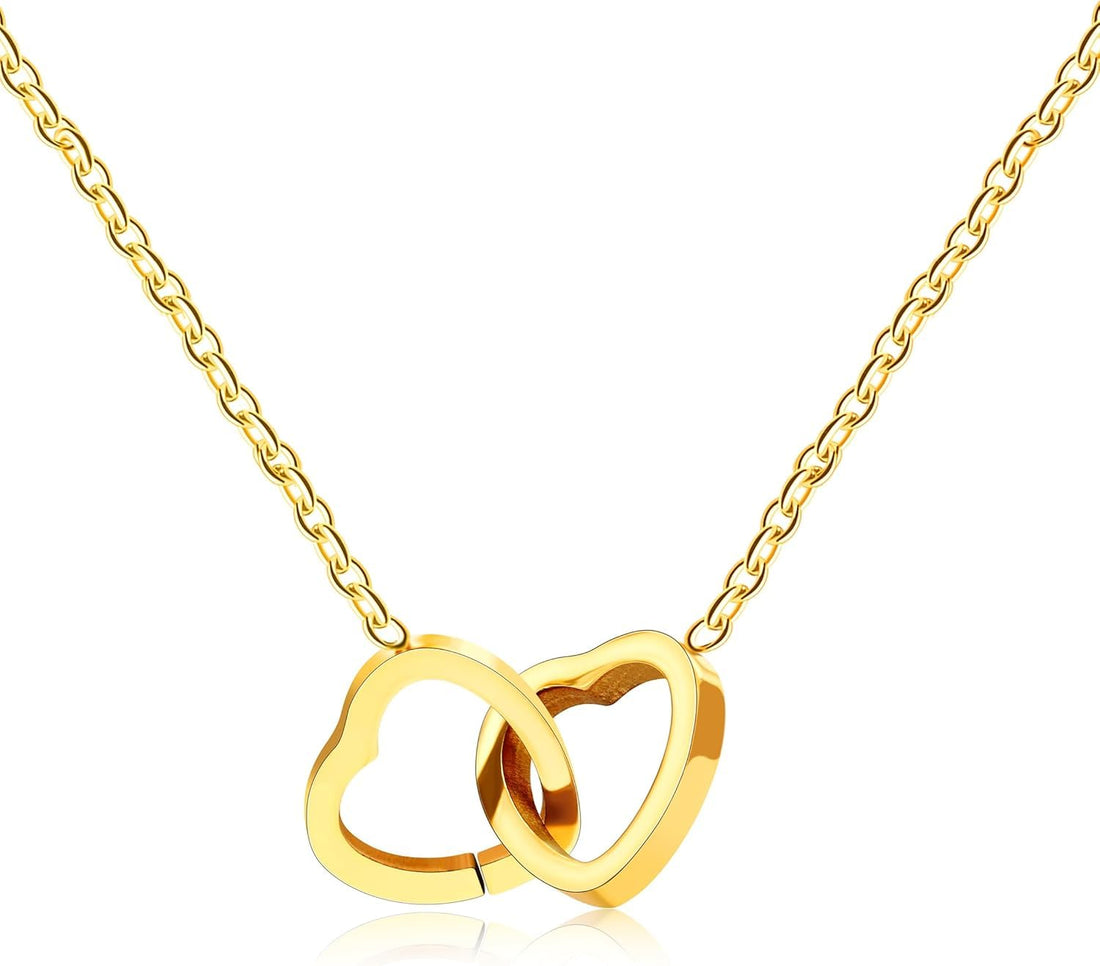 Julia Store 18K Gold Plated Stainless Steel Trendy Dainty Elegance Charm Interlocking Heart Necklace Double Love Pendant Choker Collarbone Chain Cute Dainty Forever Love Heart Pendant Necklaces