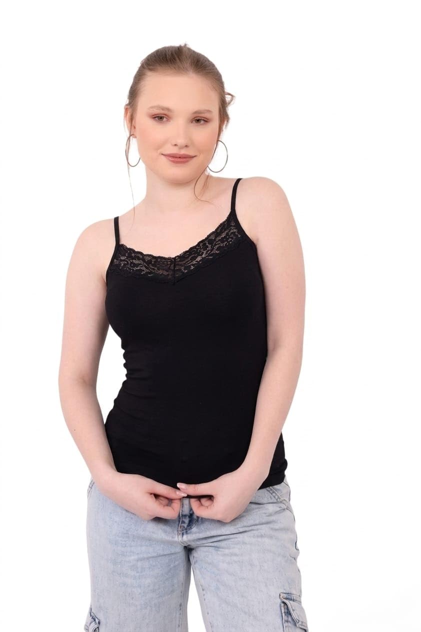 Dabbagh Women's Cotton Camisole Tank Top, Thin Strap Sleeveless Lace Trim Cami, Soft Innerwear Undershirt for Daily Wear