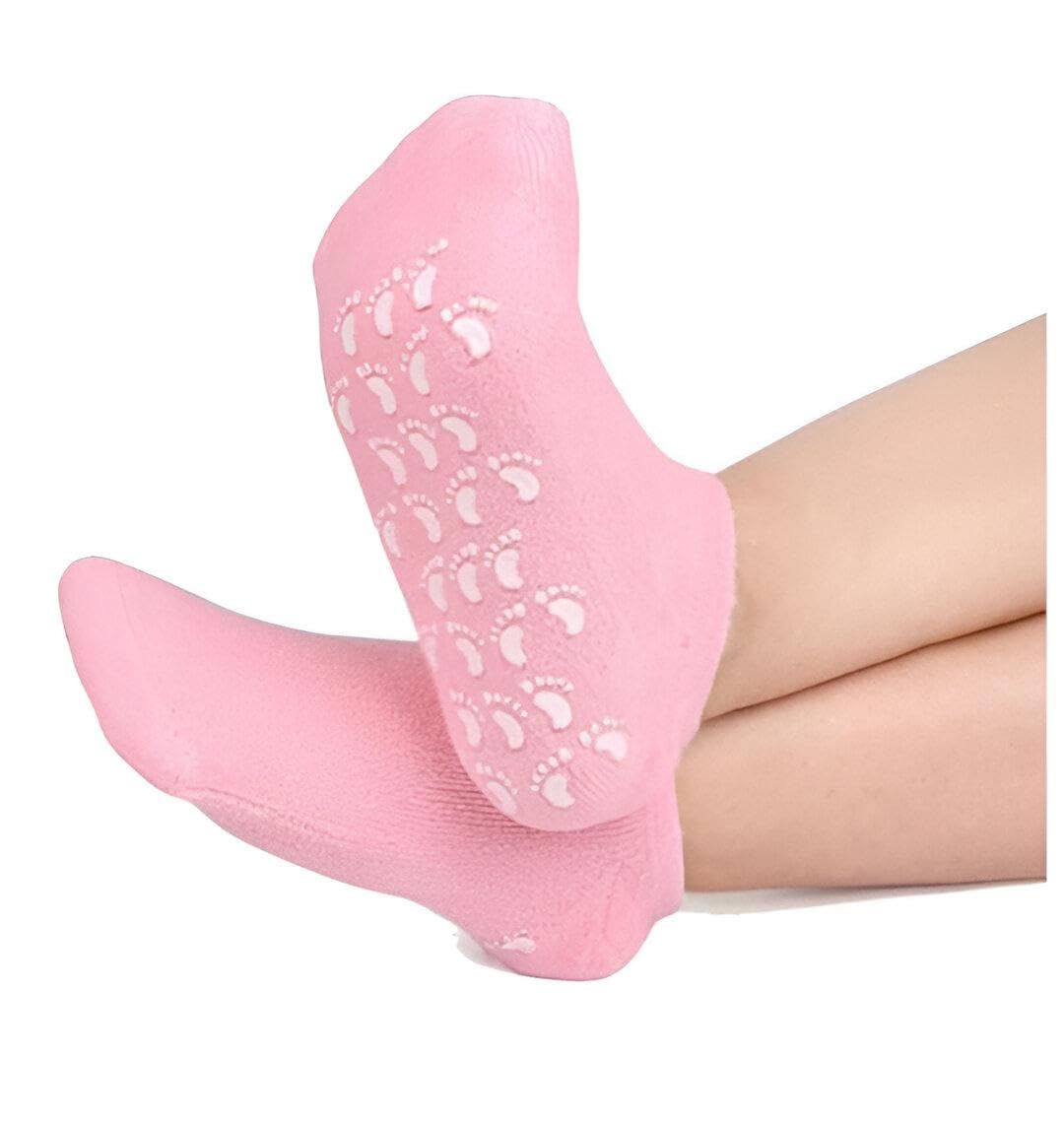 Moisturizing Gel Socks - Pink Anti-Slip Foot Care Socks with Footprint Grips for Soft Spa Treatment and Hydration, Perfect for Dry Cracked Heels and Foot Comfort Recovery