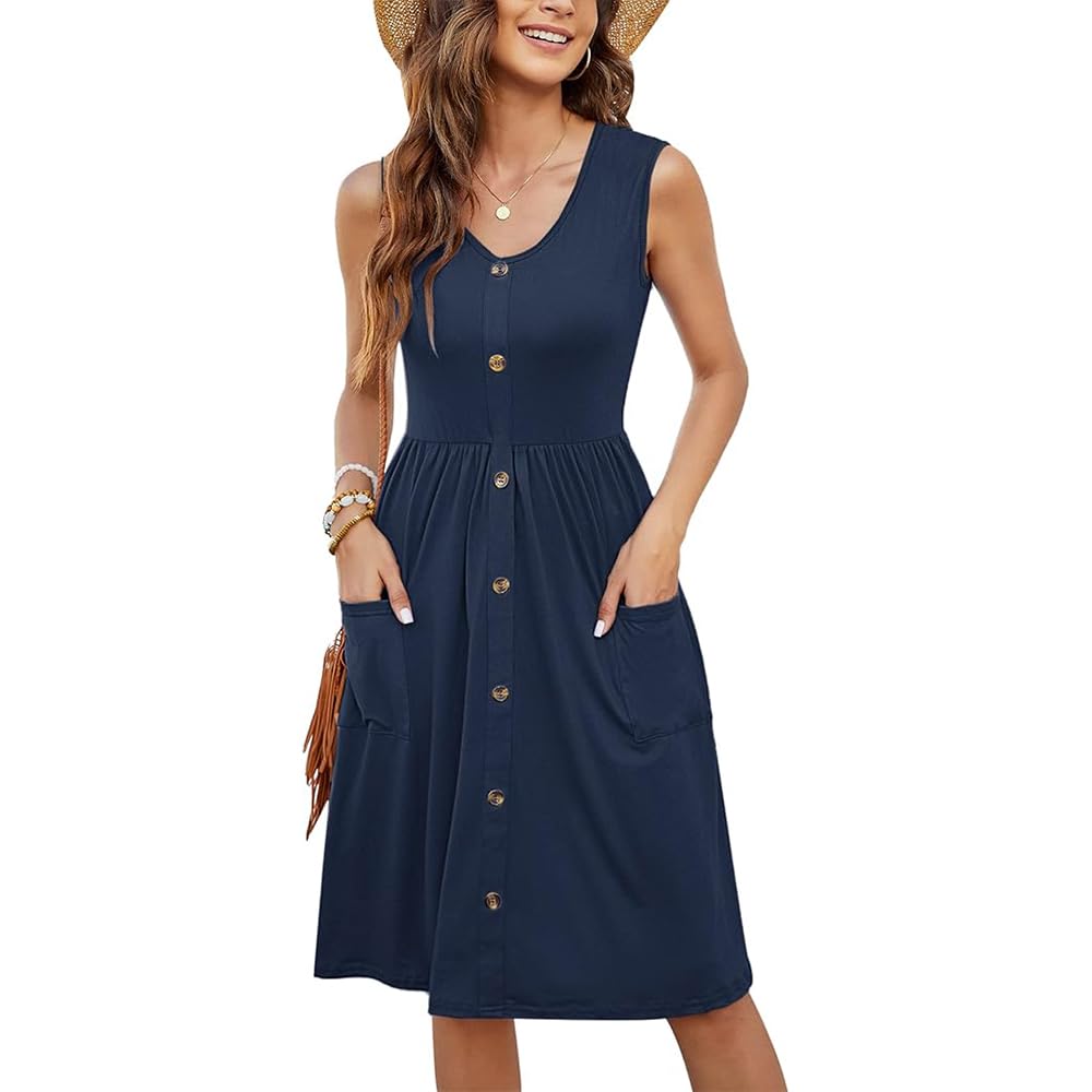 GQ Women Summer Dresses Sleeveless Casual Loose Swing Button Down Midi Dress with Pockets