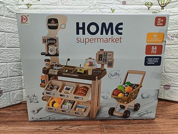 Super Market , It has a cash register with sound and light + a Visa device scanner It has a manual shopping basket and a complete supermarket with 47 items(Vegetables, fruits, food boxes, eggs,
