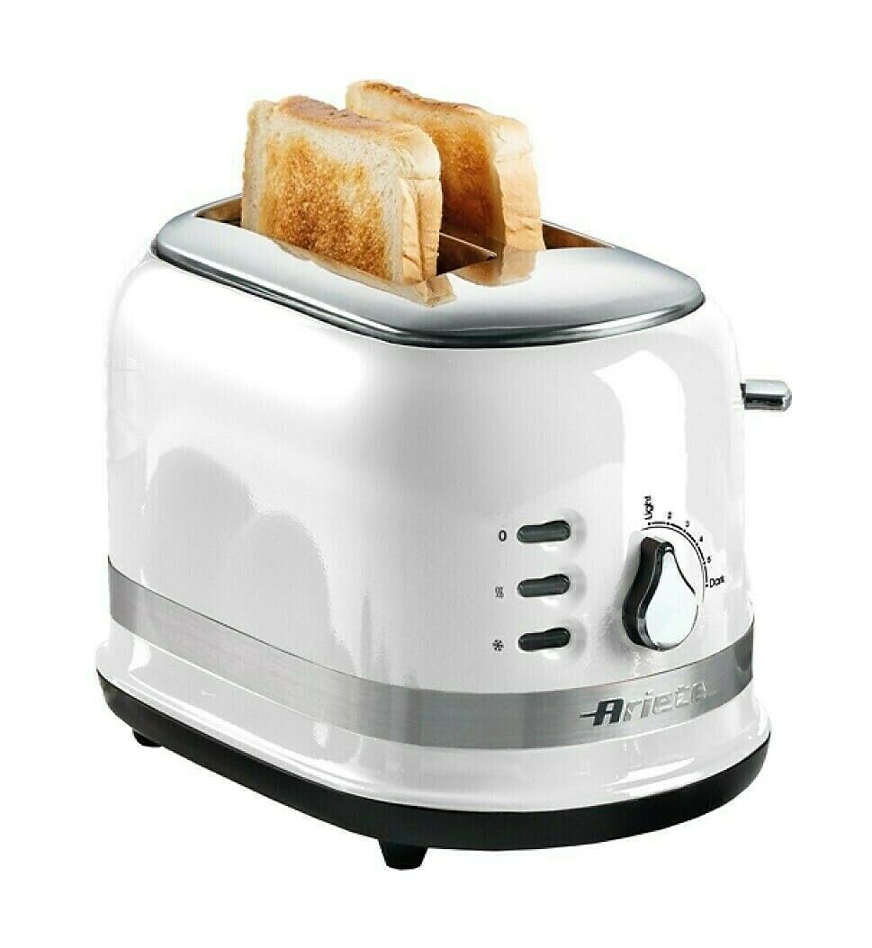 Ariete Moderna 2 Slice Toaster 0149W with 6 Browning Levels, Auto Eject, Crumb Tray, Defrosting and Reheating Functions, Cord Wrap, Metal Body, 800W, White