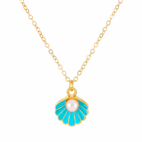Seashell Pearl Pendant Necklace Gold Plated Boho Enamel Pink Blue Scallop Sea Shell Starfish Ocean Animal Chain Necklace for Women Hawaiian Summer Beach Holiday Fashion Jewelry Gifts