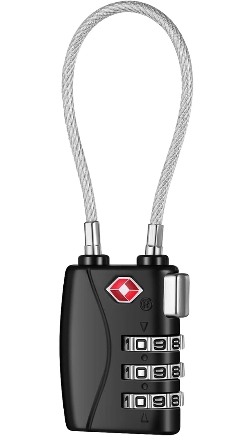 TSA Approved Luggage Lock | 3-Digit Combination | Zinc Alloy Body Flexible Steel Cable | Keyless Travel Lock | for Bag Backpack Suitcase Cabinet Gym Locker Secure Carry on Zipper Bags (Black)