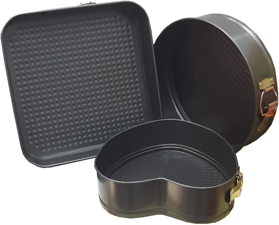 Klips Cake Pan Set of 3 Non Stick Cheesecakes and Cakes Types Round Square Heart Sizes 24 26 28 Durable Sheet Material Easy Release Daily Use