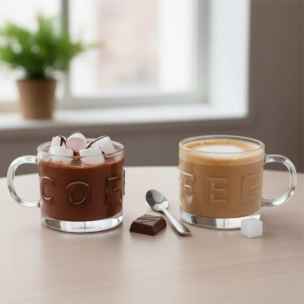 City Glass Salvador Tea Mug | Set of 2 Large Tea Cups with Heat Resistant Handle for Tea, Cappuccino, Nescafe or Latte | Beautiful Gift 300ml