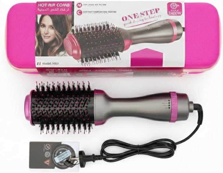2400W Black Ionic Technology Hot Air Hair Dryer Brush Wide Oval Design 19cm 3 Heat Settings 360° Air Flow for Fast Drying and Styling Hair Dryer Model 2in 1