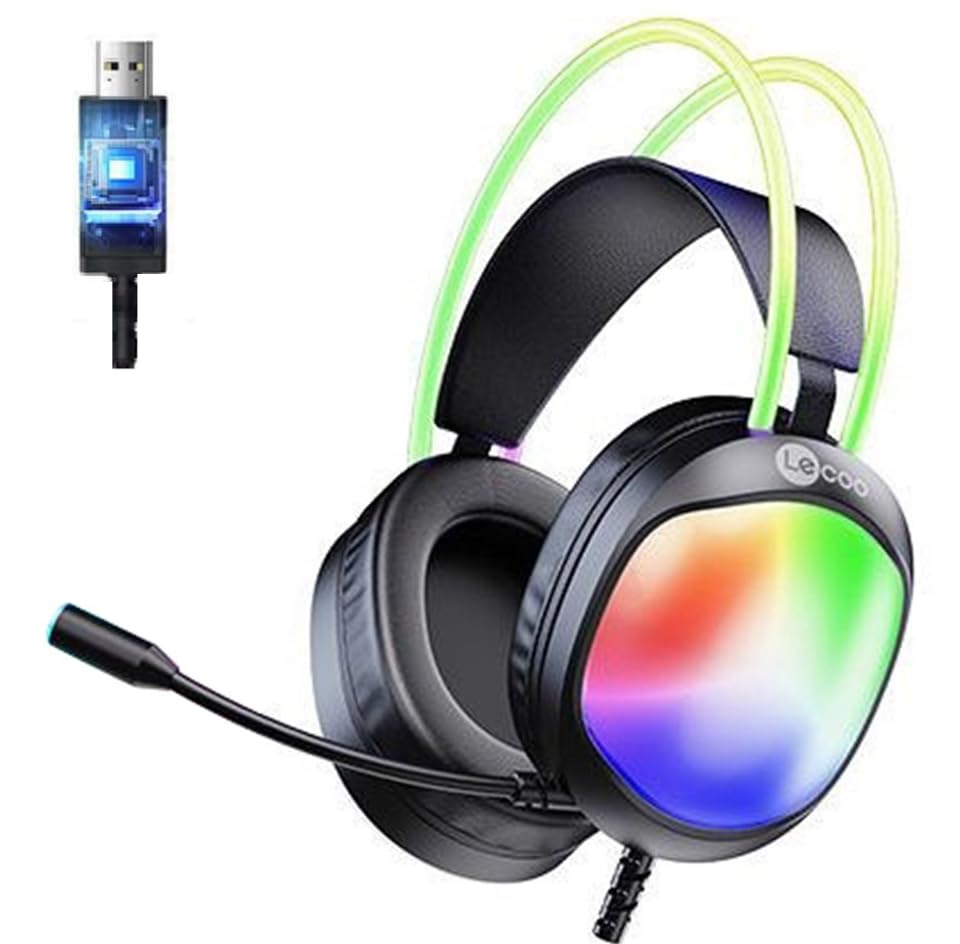 For LECOO HT410 USB Gaming Headset with Dynamic RGB Lighting - 7.1 Virtual Surrounded Sound & Dual 50mm Drivers - DEEP BASS - Noise Reduction mic - In Body Control For PC / PS4 | Black