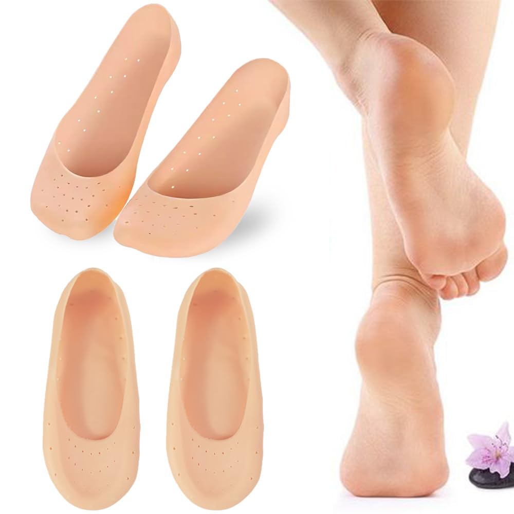 2 Pairs Silicone Socks for Dry Cracked Feet Women Silicone Moisturizing Socks for Women Foot Care After Pedicure Aloe Infused Spa Gel Socks Foot Covers for Repairing Rough Skin Heels Calluses （Hole）