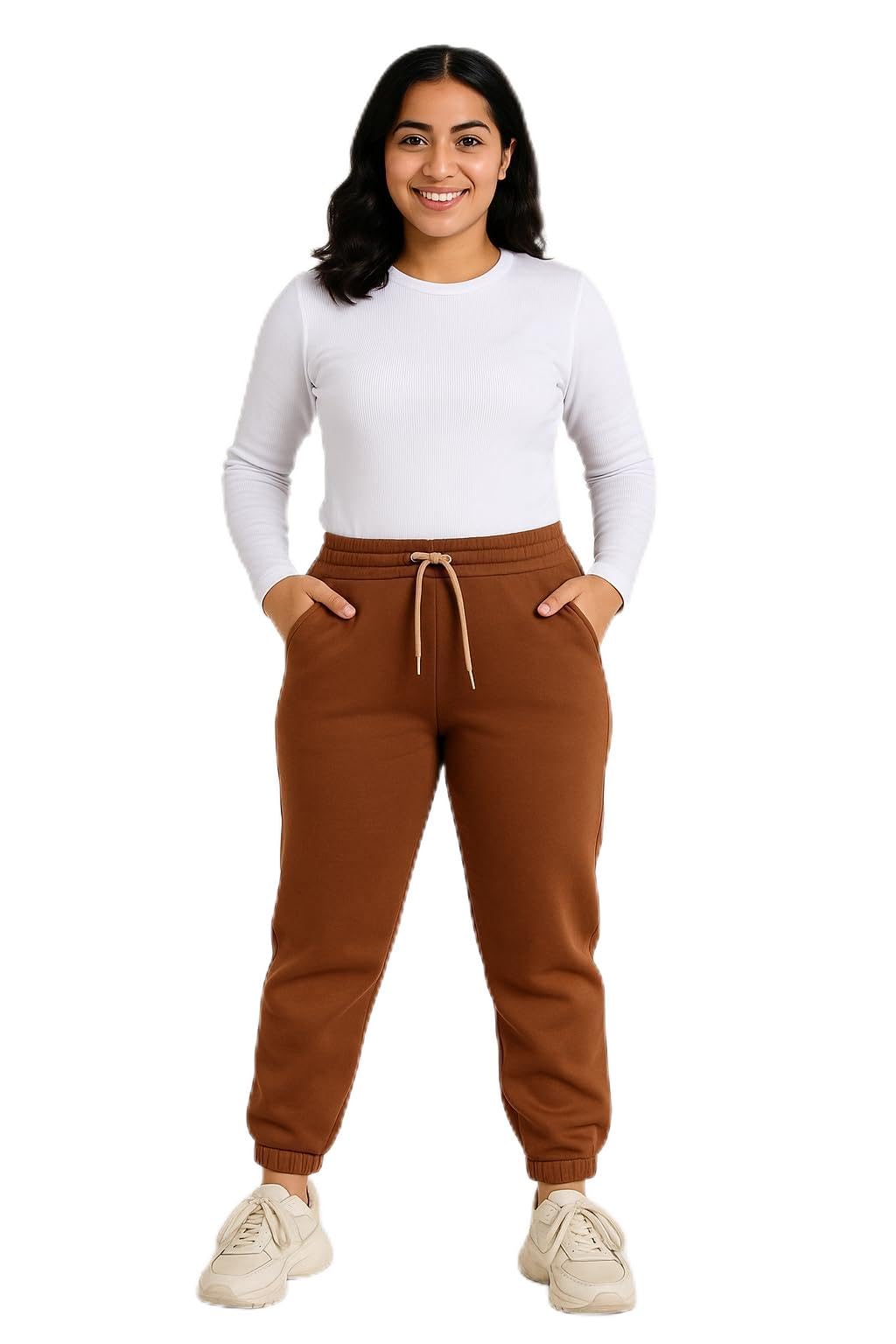 Women Girls Sweatpants Winter Brown 100% Cotton (Milton) Elastic Waist with Drawstring Elastic Ankle 2 Pockets Comfortable Practical Casual Fashion Gym Club College Friends Outings