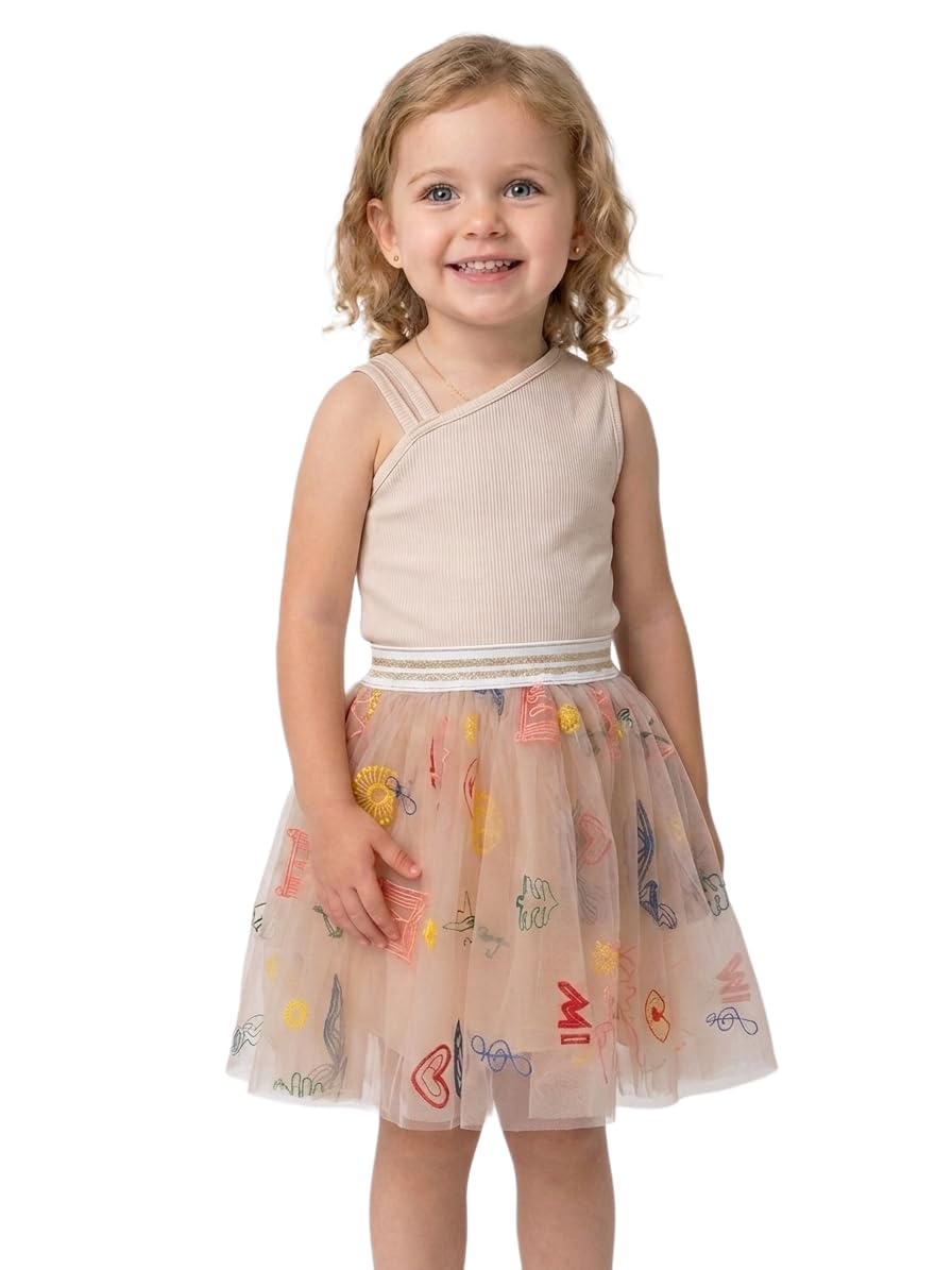 "Joyart" Girls' Slash Collar Rip Top, Embroidered Tulle Skirt with Multi-Color, Fashion Look