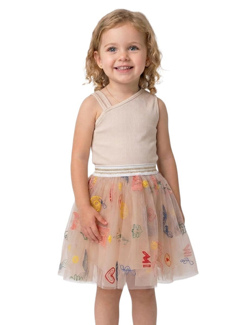 "Joyart" Girls' Slash Collar Rip Top, Embroidered Tulle Skirt with Multi-Color, Fashion Look