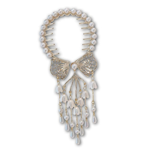 Rhinestone Bow Clip - Elegant Hair Bun Holder with Pearl Flower and Gold Tassel Accent (model 1)