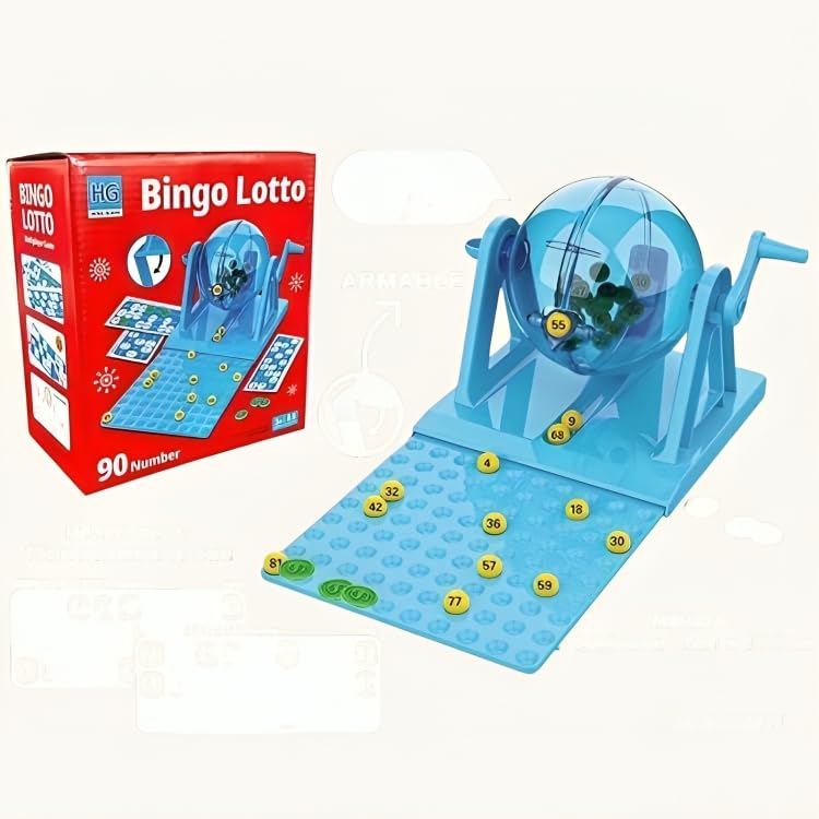 Mnamino store Classic Lotto Bingo Game, Blue Drag Machine, 90 Numbered Balls, 24 Cards, Suitable for All Ages