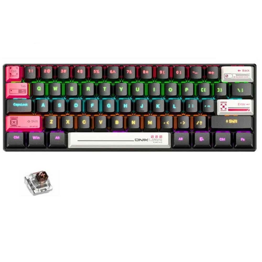 For Onikuma G55 60% Mechanical Gaming Keyboard - BROWN Switches - RGB Rainbow Backlighted - Detachable USB Wired – 61 Keys English - Double injection key caps Illumination -(Free 6 Keycaps) | Black