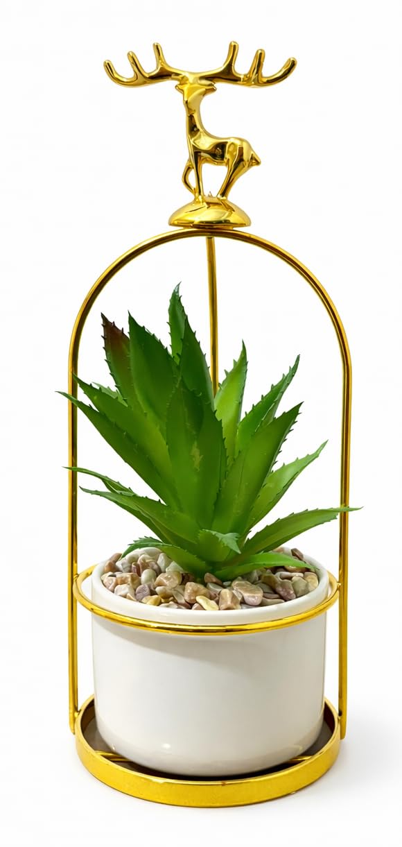 Realistic Artificial Cactus Plant in Gold Metal Stand Elegant Deer with White Ceramic Pot, Modern Decorative Planter for Office, Reception, Reception, Shelf, Side Table Decor
