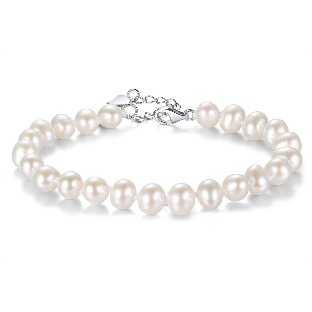 VIKI LYNN Women's Freshwater White Pearl Bracelet 7-8mm 925 Sterling Silver Bracelet Length 17+3.5cm Gift Idea for Mom, Woman, Daughter, Sister, Girlfriend