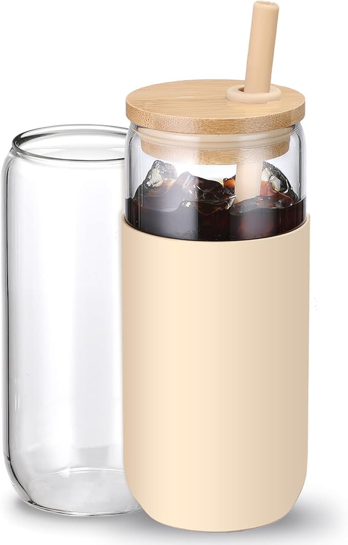 Glass Water Tumbler with Silicone Protective Sleeve Beer Can Glass Cups with Straw and Bamboo Lid Iced Coffee Glasses Cute Drinking Glasses for Water Smoothie Boba Gift 1 Pack (Amber)