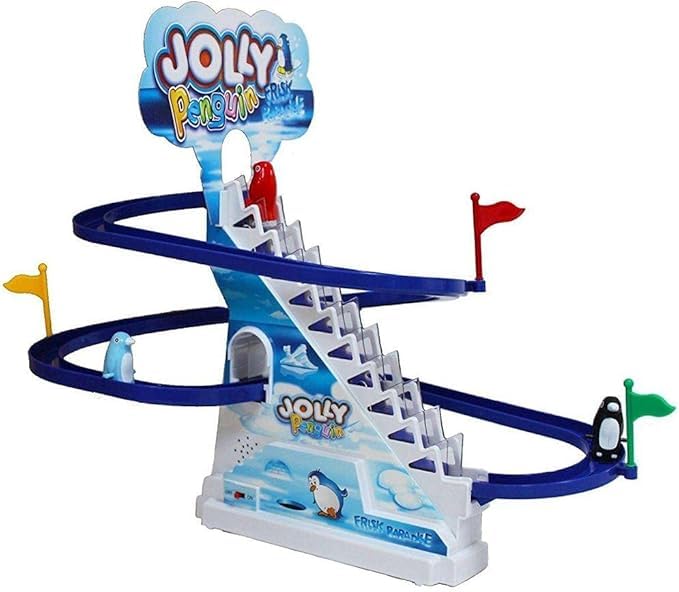 TRUE FIT®- Arctic Fun Playful Penguin Race Set with Flashing Lights & Music On/Off Button for Quiet Play, Jolly Penguin Slide Playset