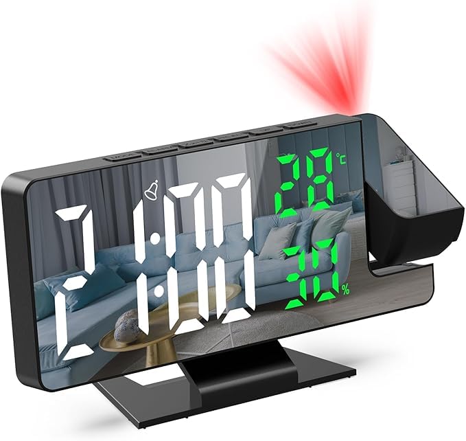 LED Clock/Alarm/Wall Projector/Mirror/Temperature and Humidity Display/3 Brightness Level