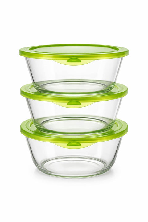 Glass Storage Containers with Green Lids Set of 3, Clear, Food and Kitchen 15cm