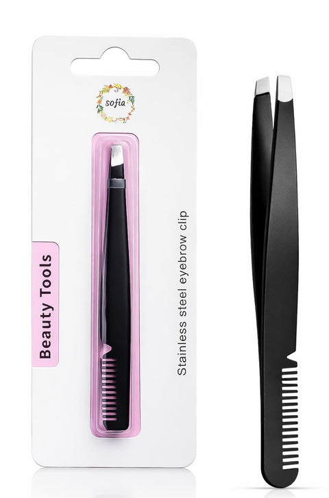 Sofia - Tweezer, Stainless Steel Tweezer, For Eyebrow & Facial Hair, With Built in Comb, Slant Tip, Professional Beauty Tool, For Men & Women, Black