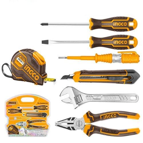INGCO 7 Piece Hand Tools Set with Combination Pliers, Screwdrivers, Adjustable Wrench, Utility Knife, Test Pencil, 3M Measuring Tape - HKTH10807