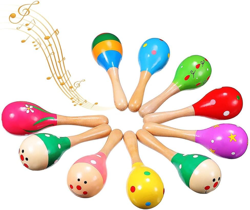 10 Pieces Wooden Maracas Sand Hammer Hand Hold Percussion Wooden Maracas Rattles Shaker for Children Shaker Musical Instruments Educational Learning Toy Random Colour